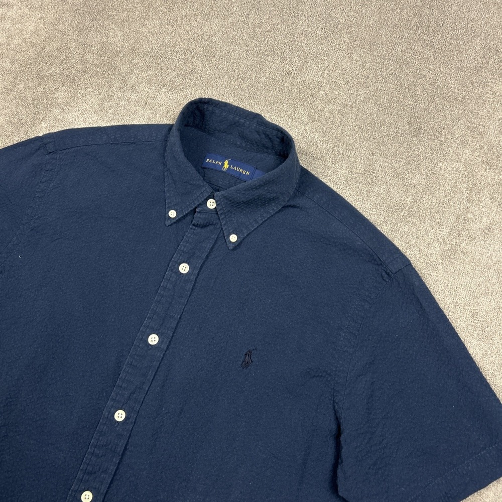 Ralph Lauren Shirt Mens Medium Navy Seersucker Button Down Short Sleeve Pony